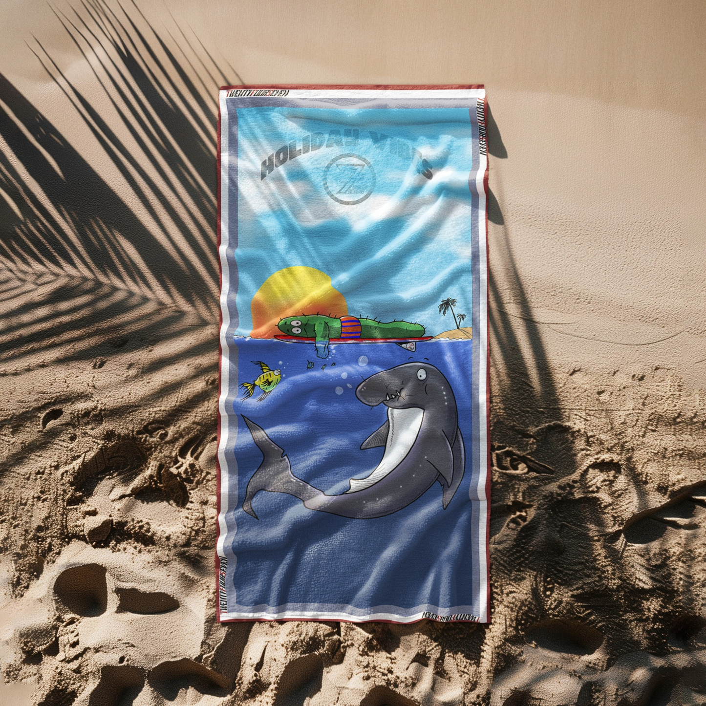 Funny shark beach towel featuring a cartoon cactus missing an arm and a shocked shark with cactus needles in its face.