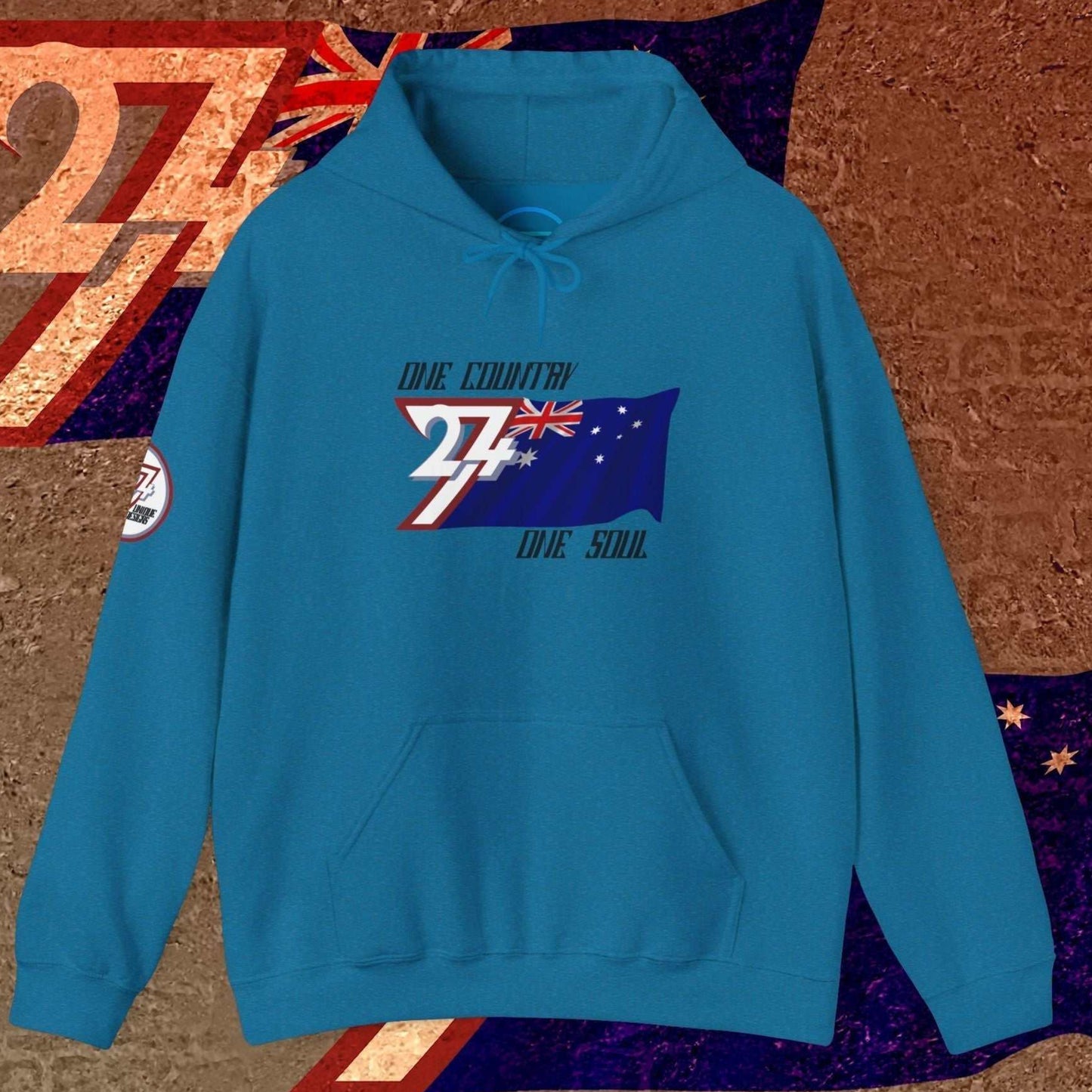 Ocean Blue Australia flag hoodie with intentional lines and premium 8oz drape.