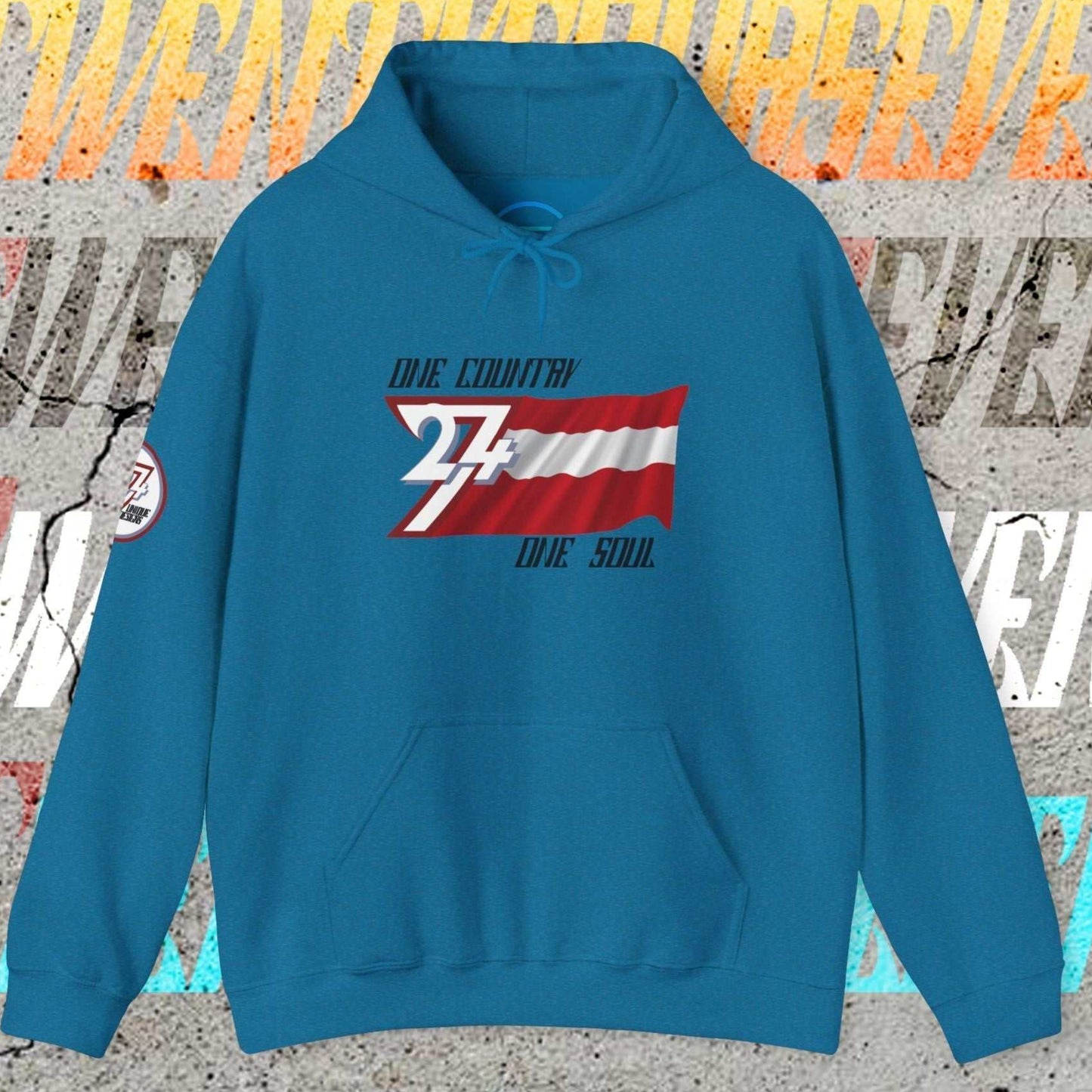 Ocean Blue Austria flag hoodie with intentional lines and premium 8oz drape.