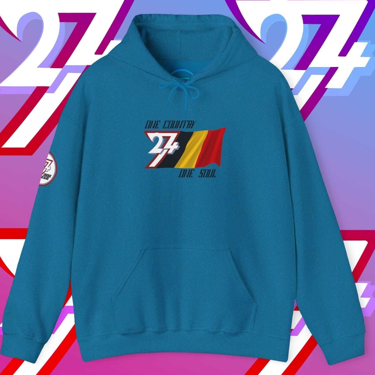 Ocean Blue Belgium flag hoodie with intentional lines and premium 8oz drape.