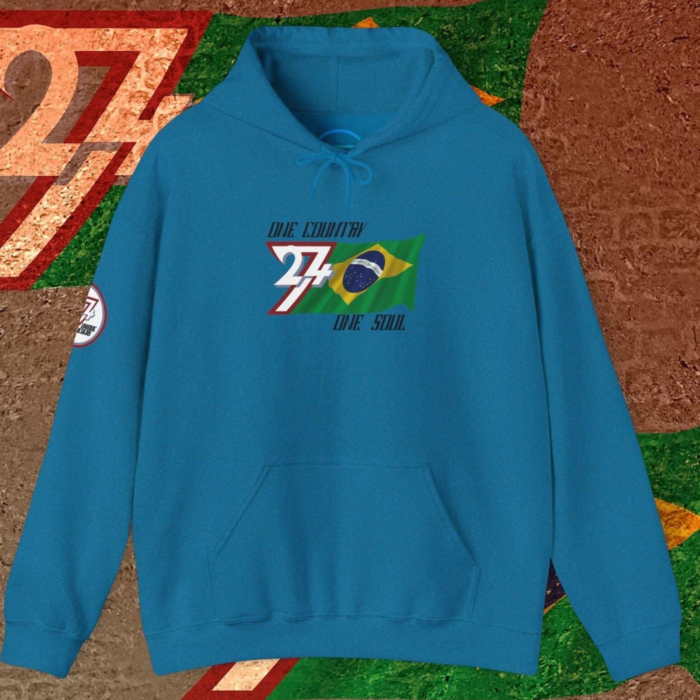 Front perspective of the Ocean Blue Brazil flag hoodie featuring the refined artist-original design.