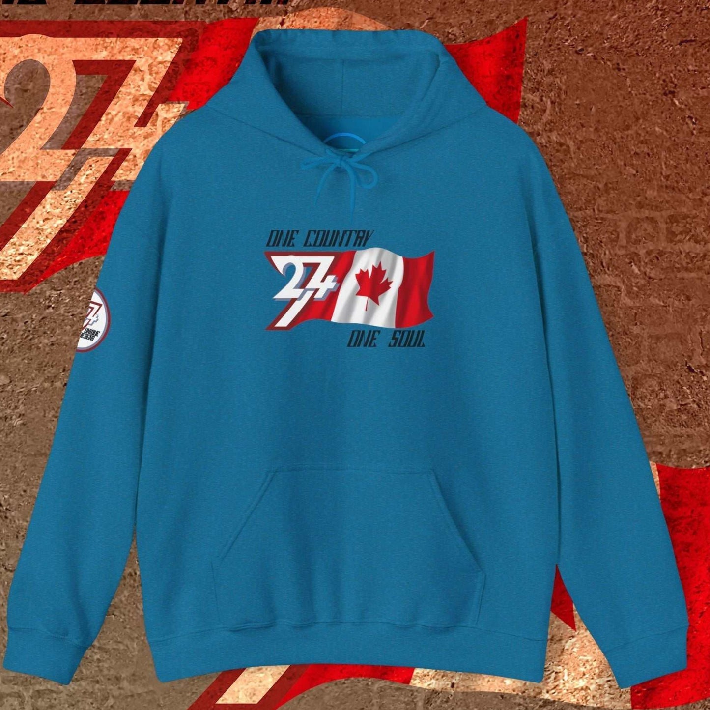 Ocean Blue Canada flag hoodie with intentional lines and premium 8oz drape.