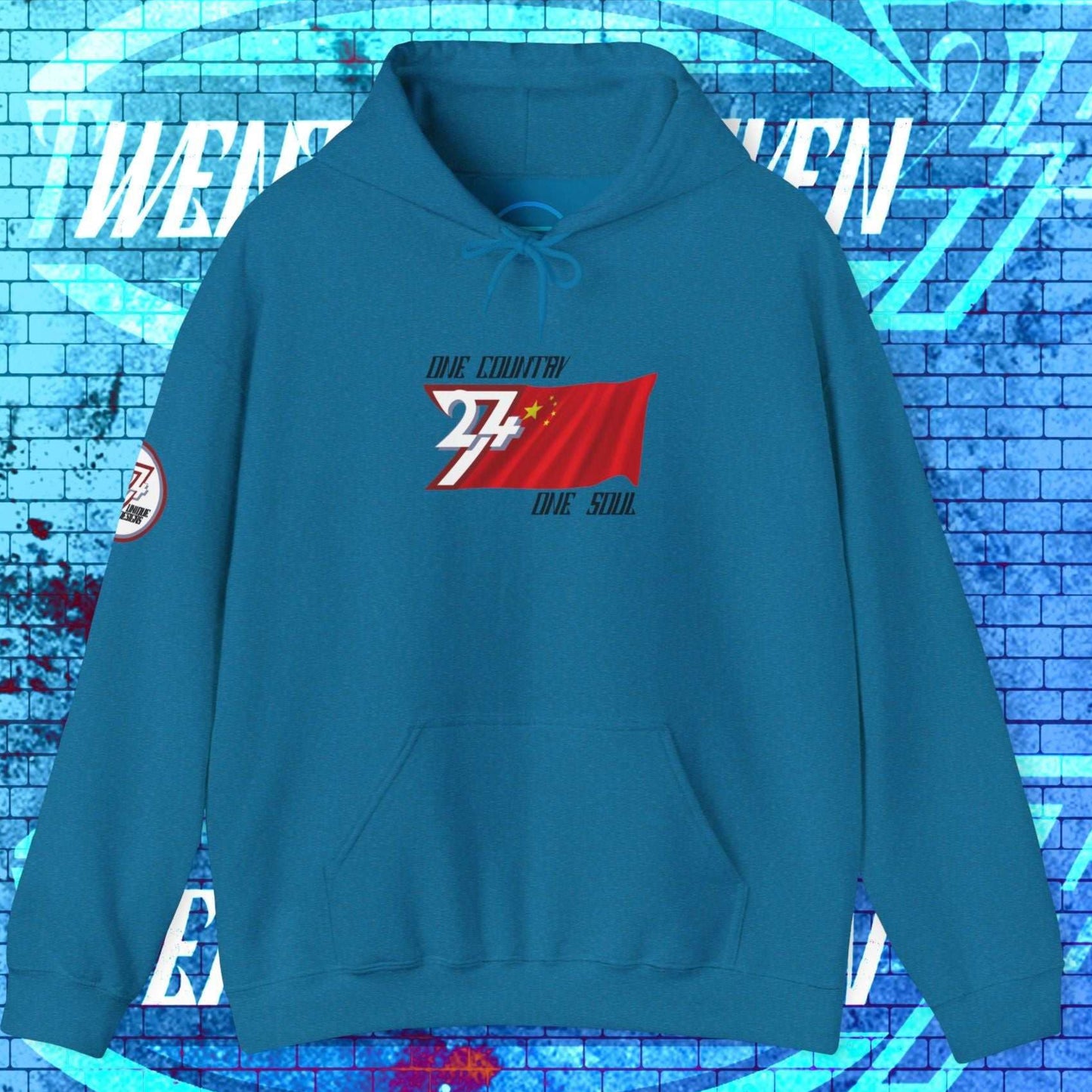 Front perspective of the Ocean Blue China flag hoodie featuring the refined artist-original design.