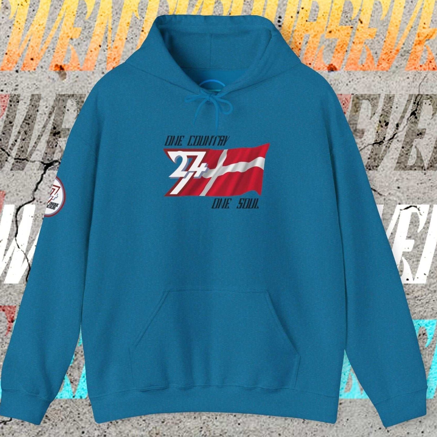 Ocean Blue Danmark flag hoodie with intentional lines and premium 8oz drape.