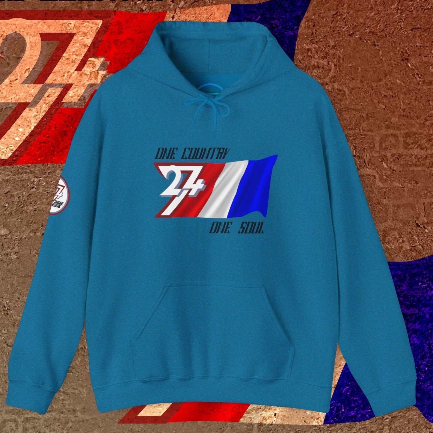 Ocean Blue France flag hoodie, reflecting the "Élan" spirit with intentional lines and a premium 8oz drape.
