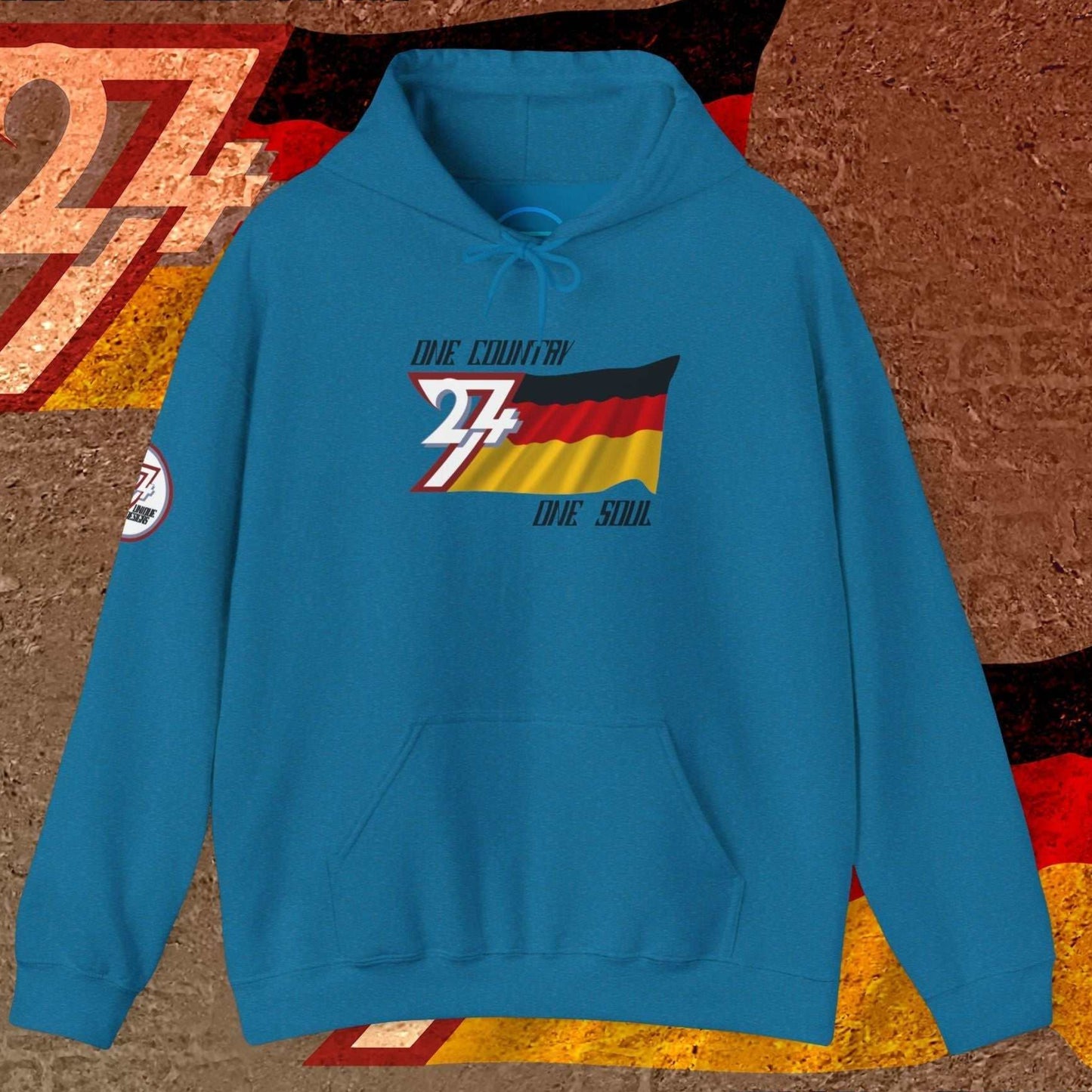 Ocean Blue Germany flag hoodie highlighting the intentional lines of the "Atelier" digital sketch.