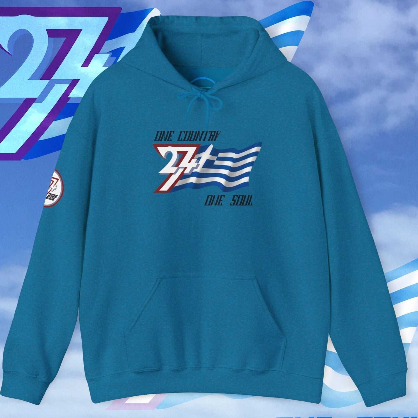 Ocean Blue "Epic" hoodie, reflecting the Mediterranean inspiration behind the hand-drawn flag design.