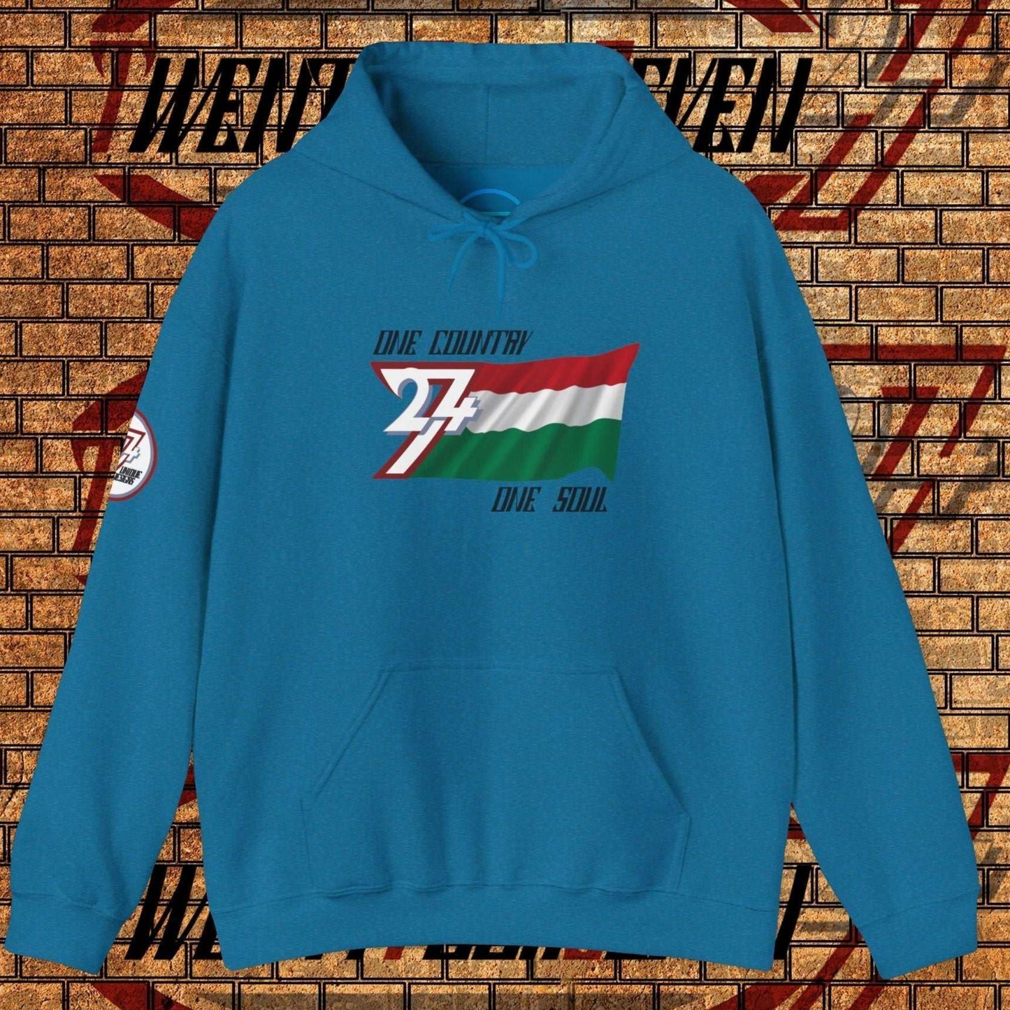 Front perspective of the Ocean Blue Hungary flag hoodie featuring the refined artist-original design.