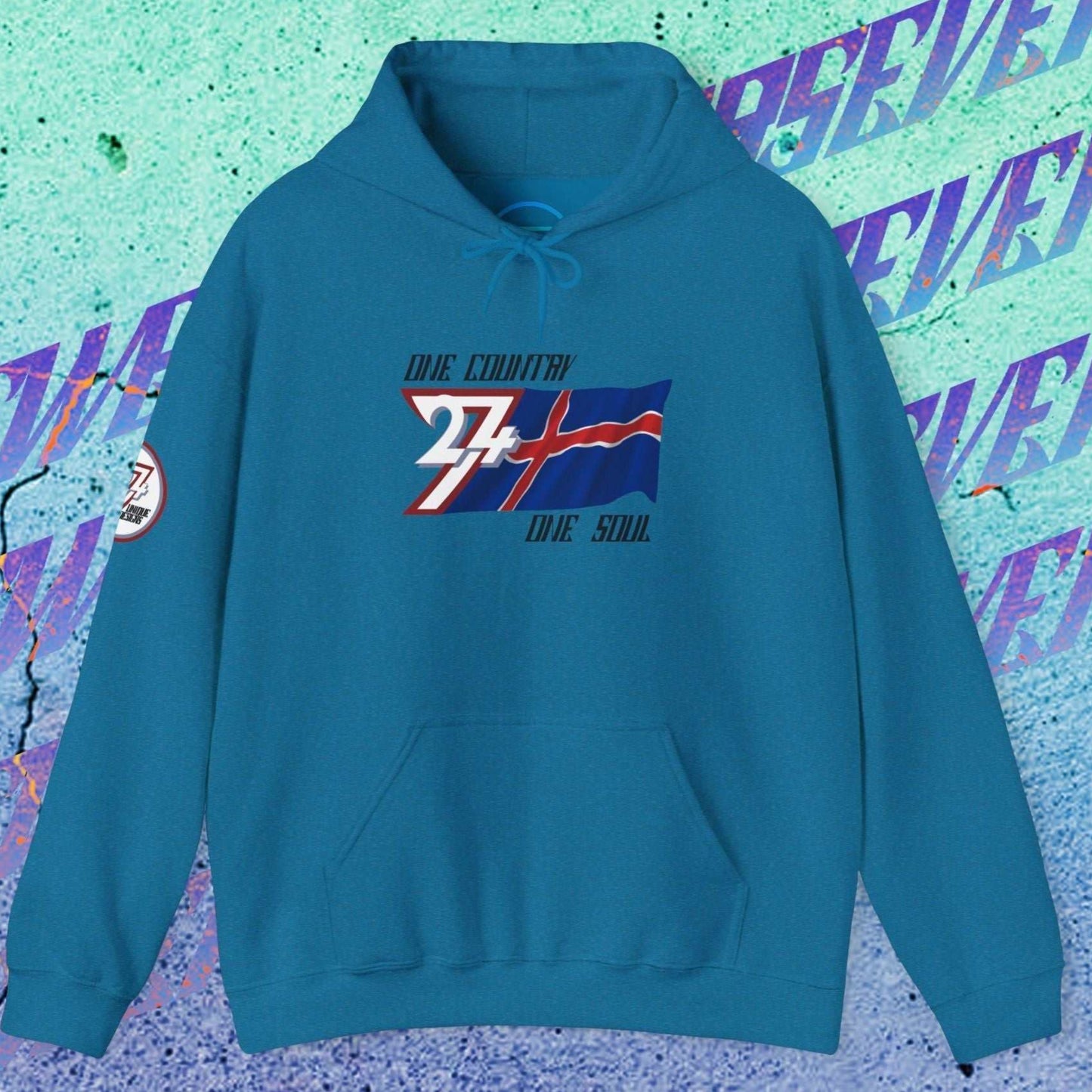Front perspective of the Ocean Blue Iceland flag hoodie featuring the refined artist-original design.