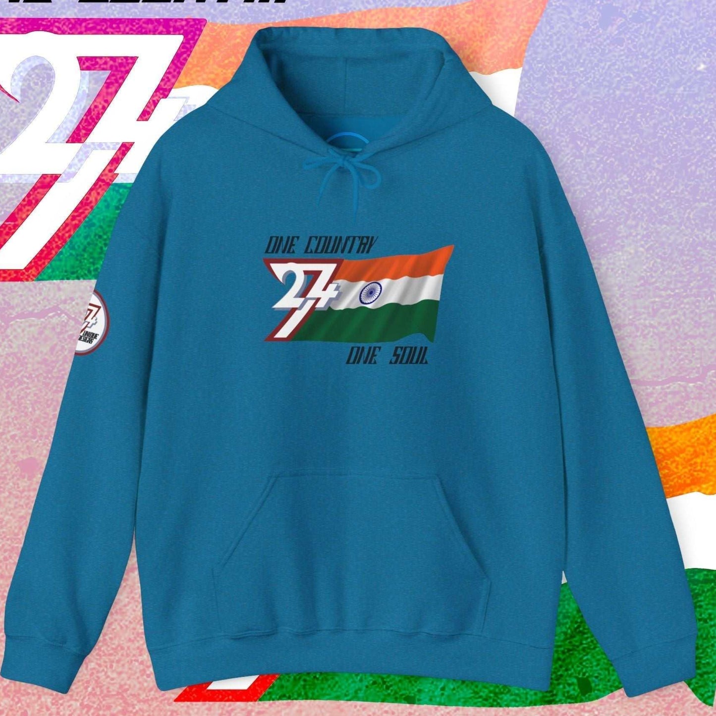Front perspective of the Ocean Blue India flag hoodie featuring the refined artist-original design.