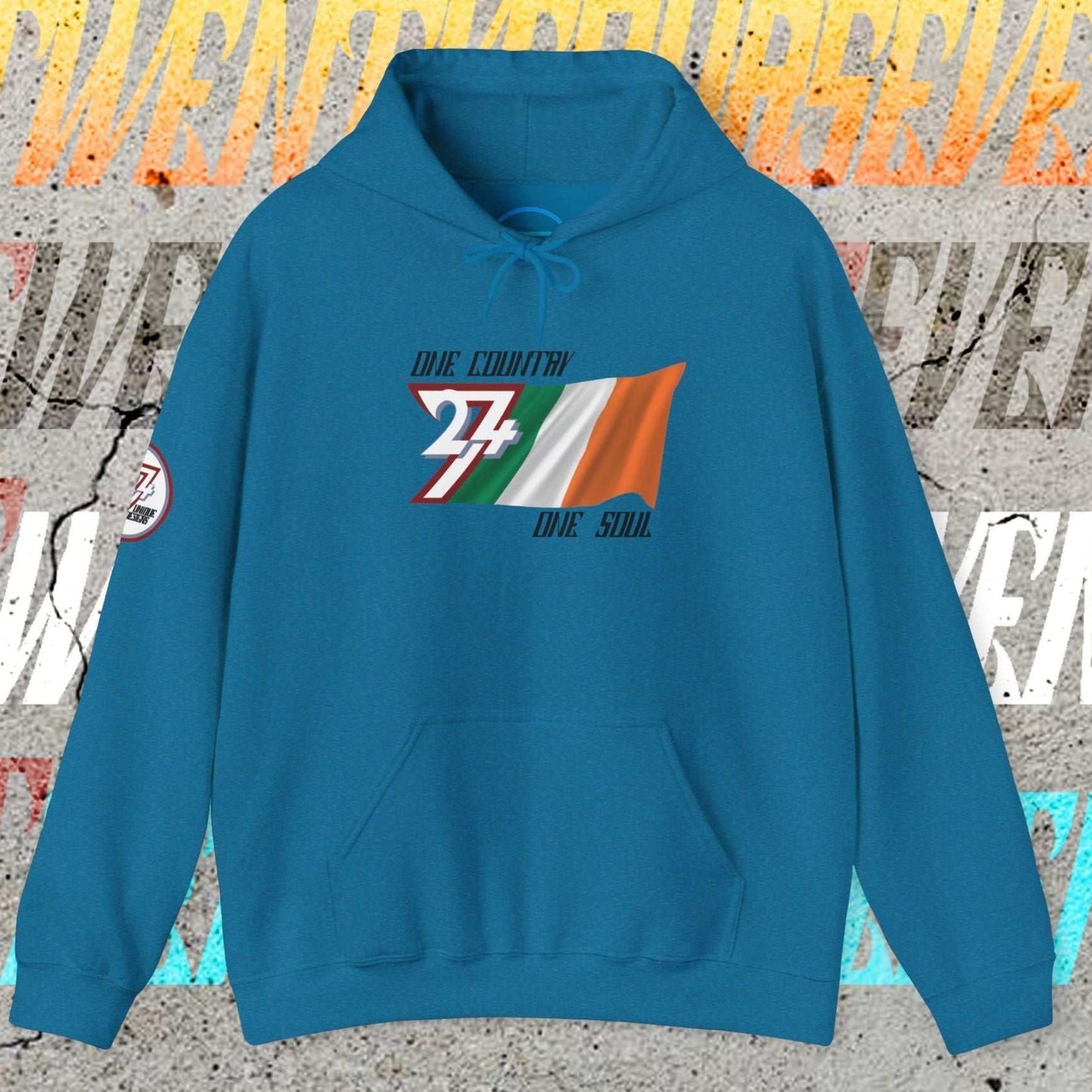 Front perspective of the Ocean Blue Ireland flag hoodie featuring the refined artist-original design.