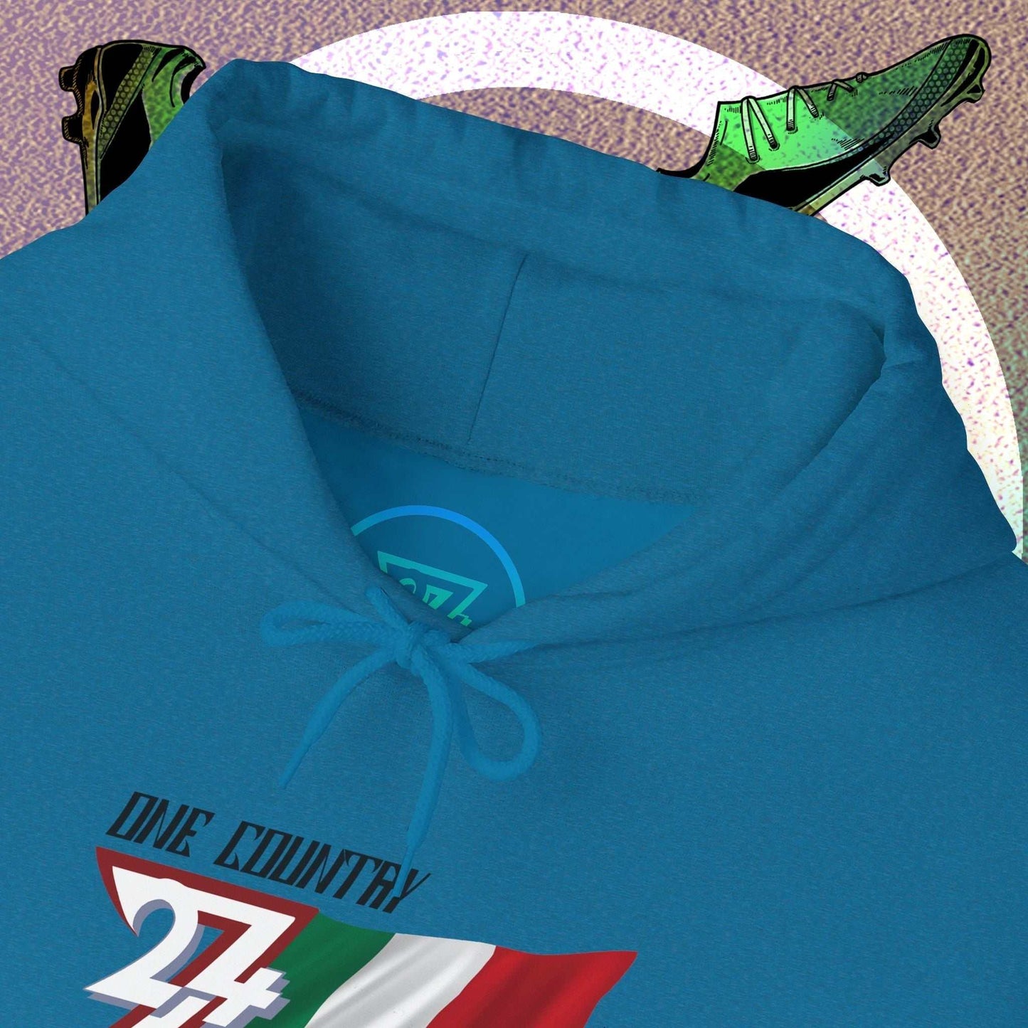 Macro close-up of the inner neck area showing the tear-away label and authentic 24/7 Unique Designs trademark logo.