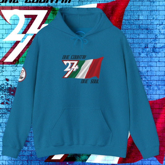 Front perspective of the Ocean Blue Italy flag hoodie featuring the refined artist-original design.
