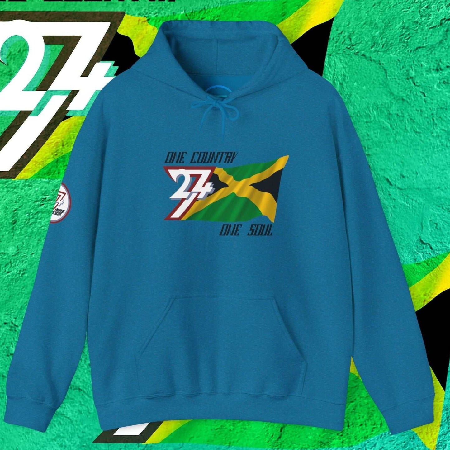 Front perspective of the Ocean Blue Jamaica flag hoodie featuring the refined artist-original design.