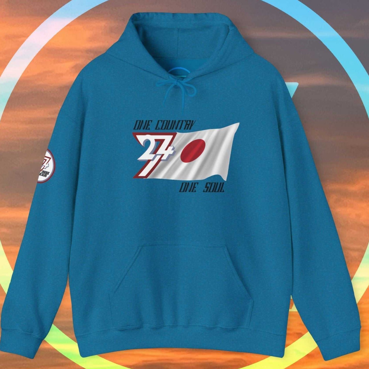 Front perspective of the Ocean Blue Japan flag hoodie featuring the refined artist-original design.