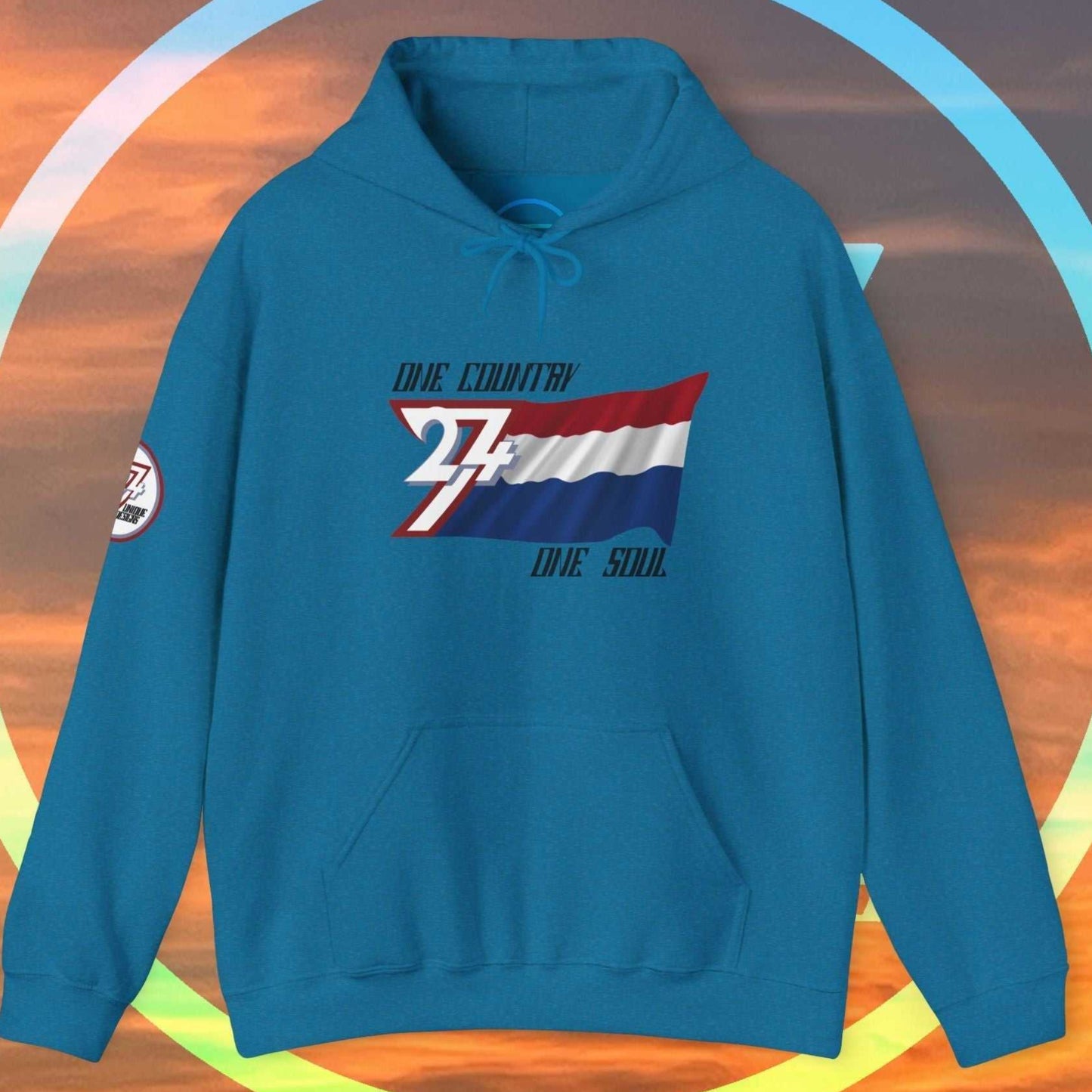 Front perspective of the Ocean Blue Netherlands flag hoodie featuring the refined artist-original design.