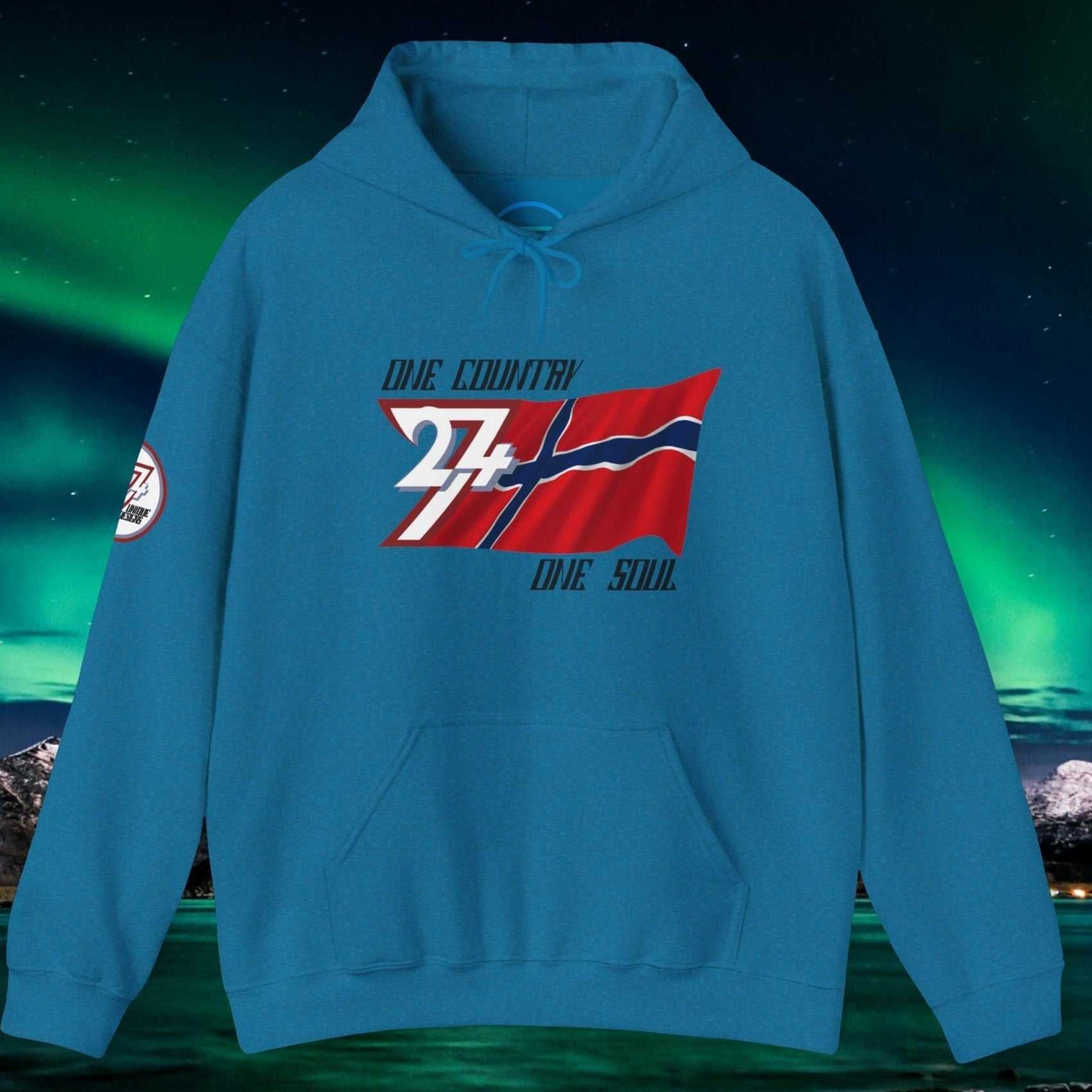 Front perspective of the Ocean Blue Norway flag hoodie featuring the refined artist-original design.