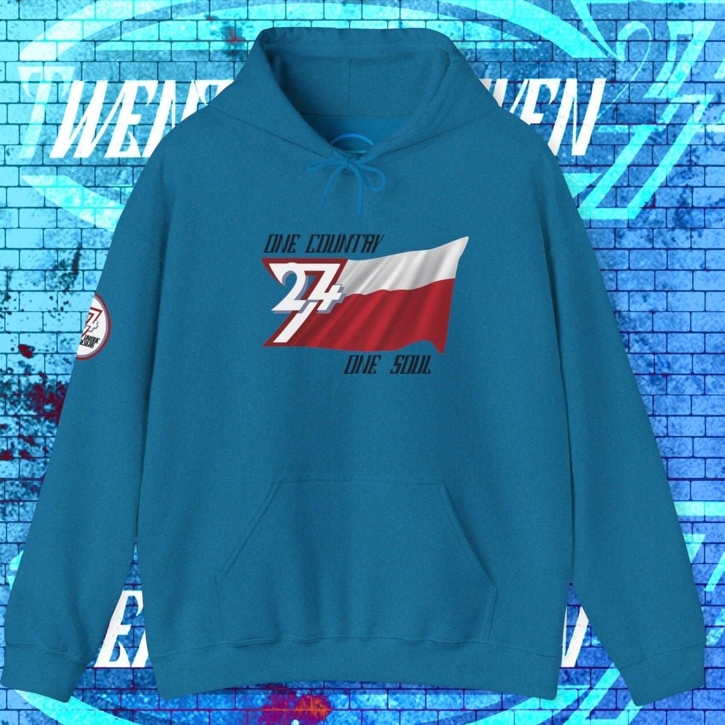 Front perspective of the Ocean Blue Poland flag hoodie featuring the refined artist-original design.