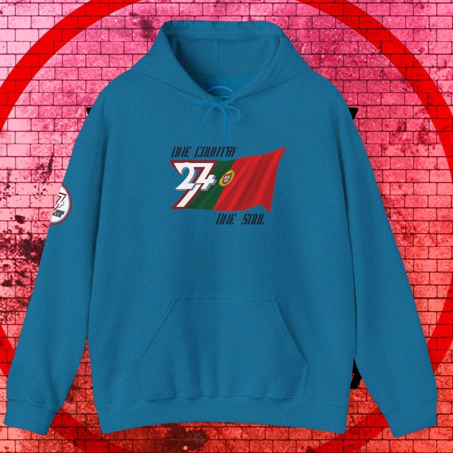 Front perspective of the Ocean Blue Portugal flag hoodie featuring the refined artist-original design.