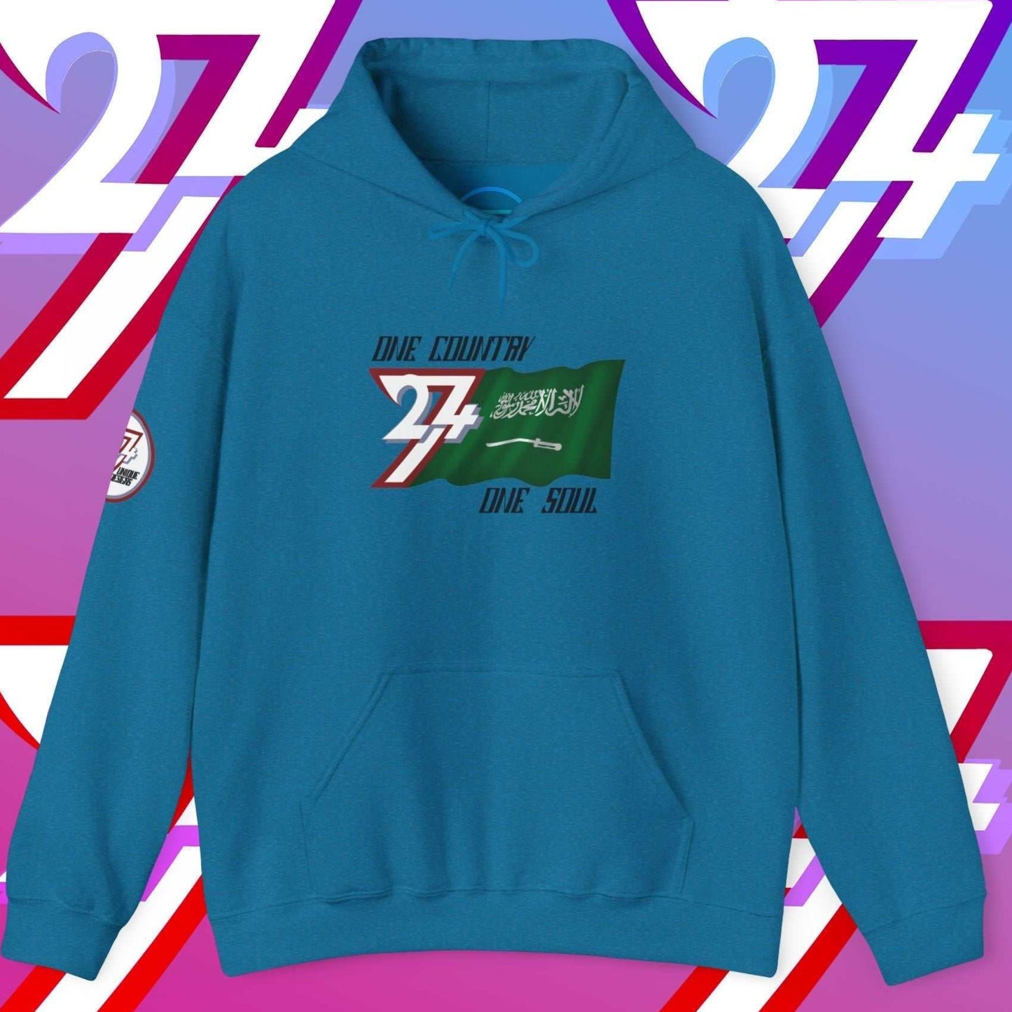 Front perspective of the Ocean Blue Saudi Arabia flag hoodie featuring the refined artist-original design.