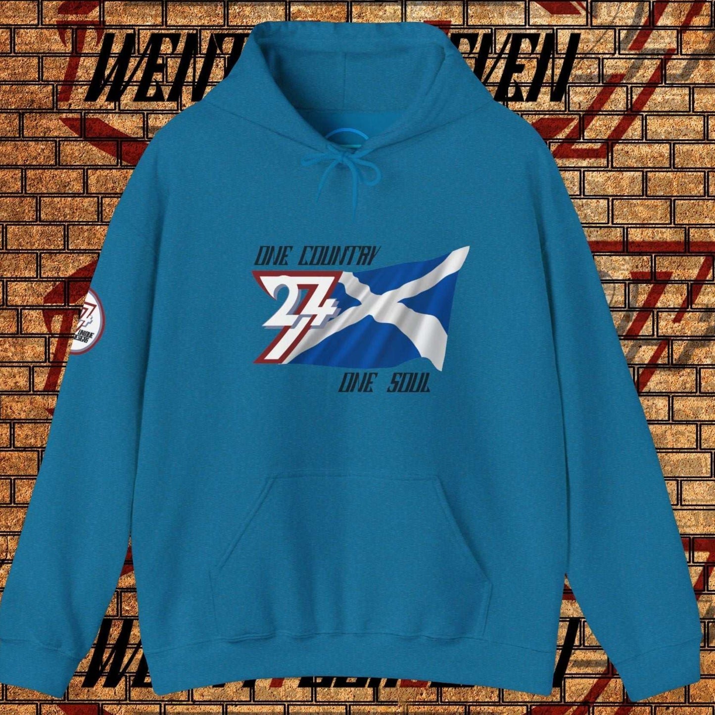 Front perspective of the Ocean Blue Scotland flag hoodie featuring the refined artist-original design.