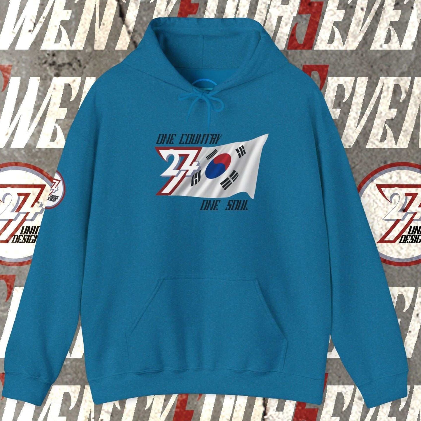 Front perspective of the Ocean Blue South Korea flag hoodie featuring the refined artist-original design.
