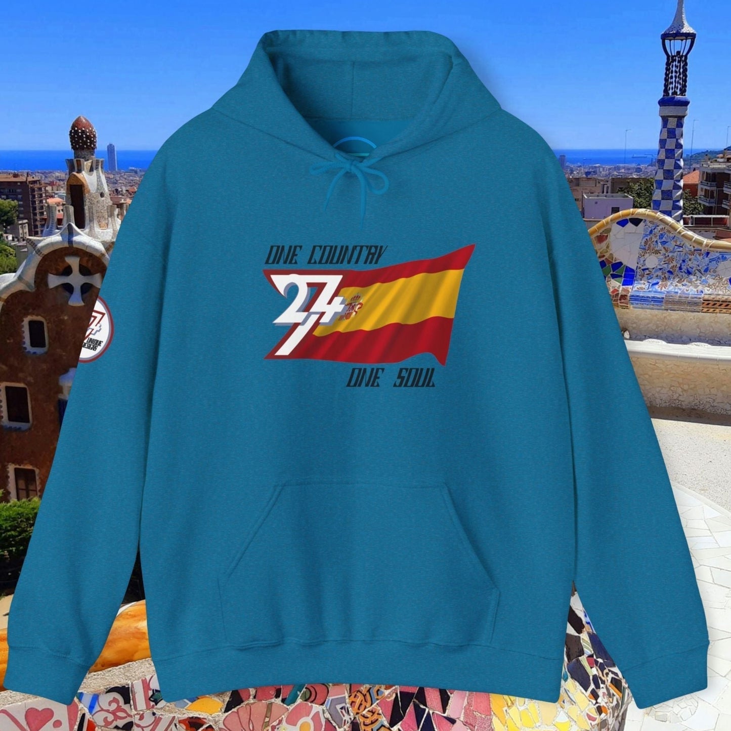 Front perspective of the Ocean Blue España flag hoodie featuring the refined artist-original design.