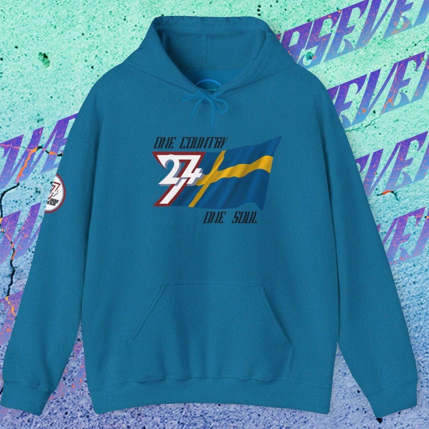 Front perspective of the Ocean Blue Sverige flag hoodie featuring the refined artist-original design.