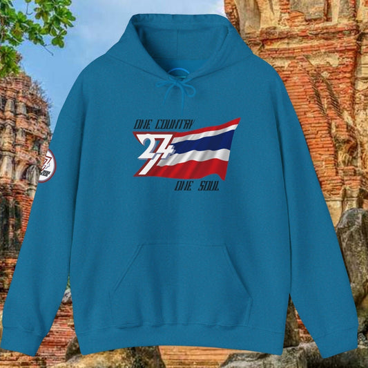 Front perspective of the Ocean Blue Thailand flag hoodie featuring the refined artist-original design.