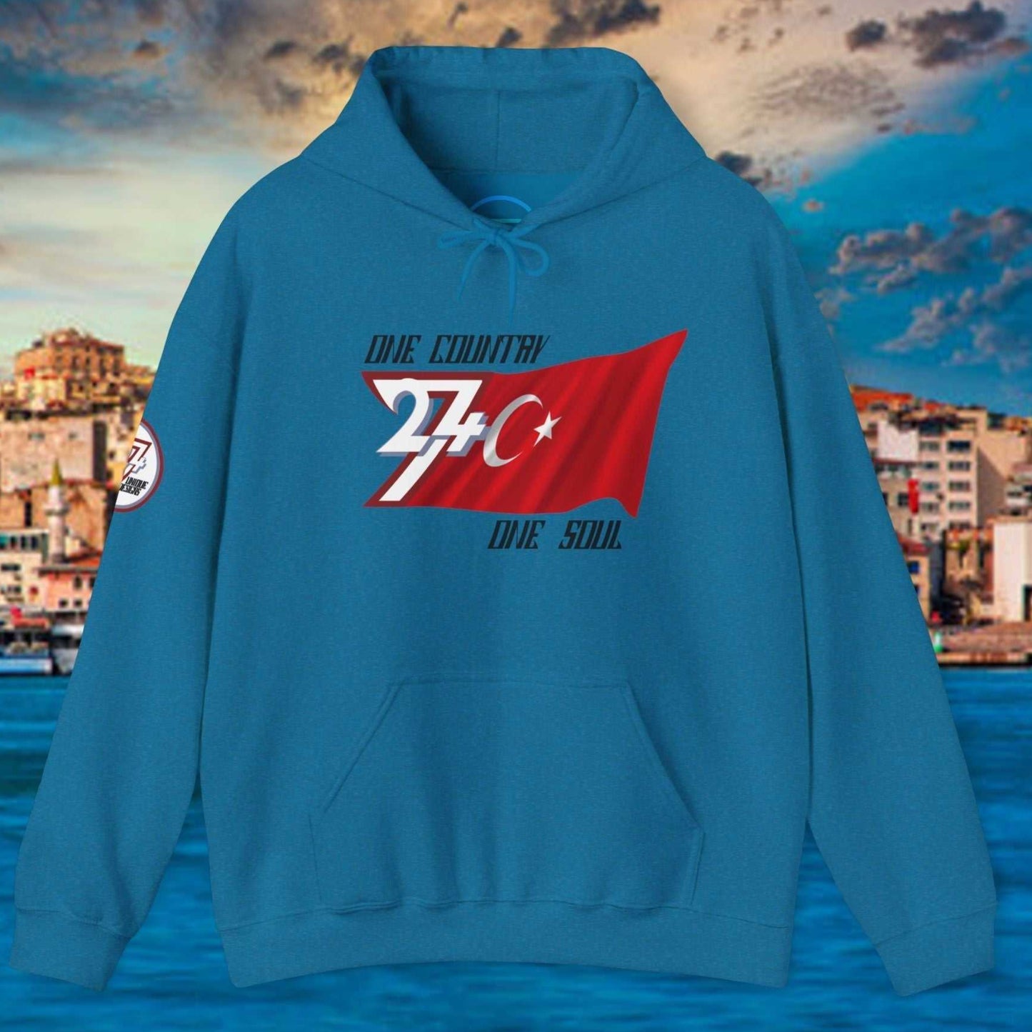 Front perspective of the Ocean Blue Türkiye flag hoodie featuring the refined artist-original design.