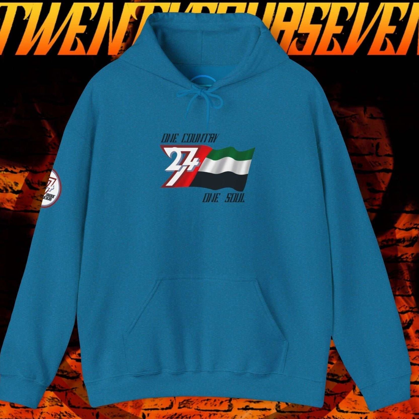 Front perspective of the Ocean Blue UAE flag hoodie featuring the refined artist-original design.