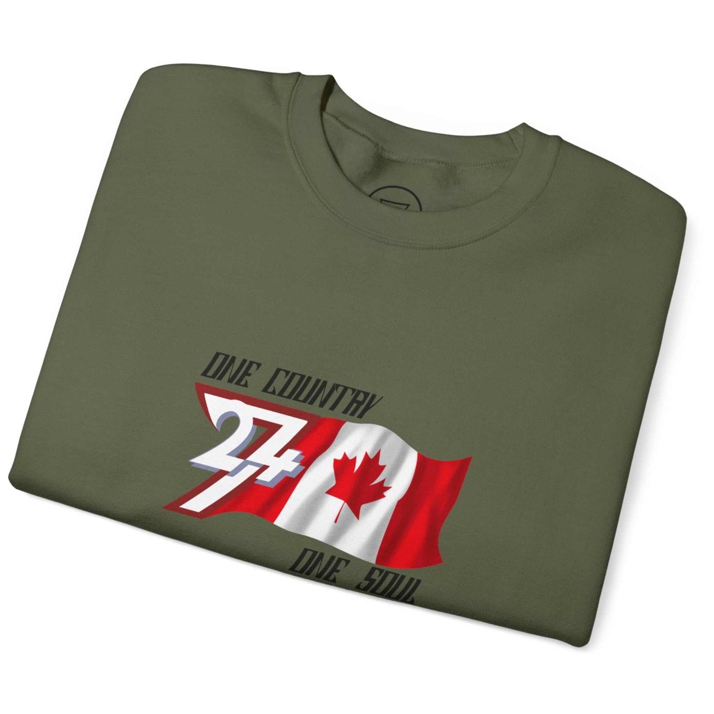 Neatly folded olive green Canada flag graphic sweatshirt showing the thick 50/50 blend fabric and bold red logo.
