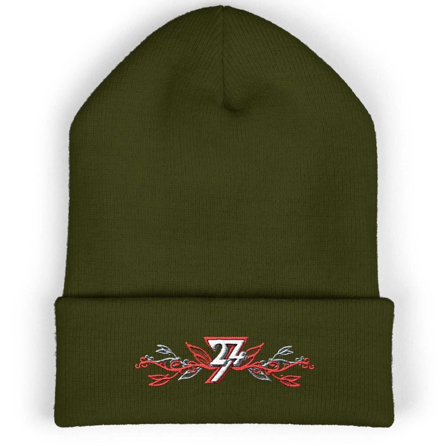 Olive green embroidered beanie displaying the exclusive Southampton artist-drawn floral vine pattern.