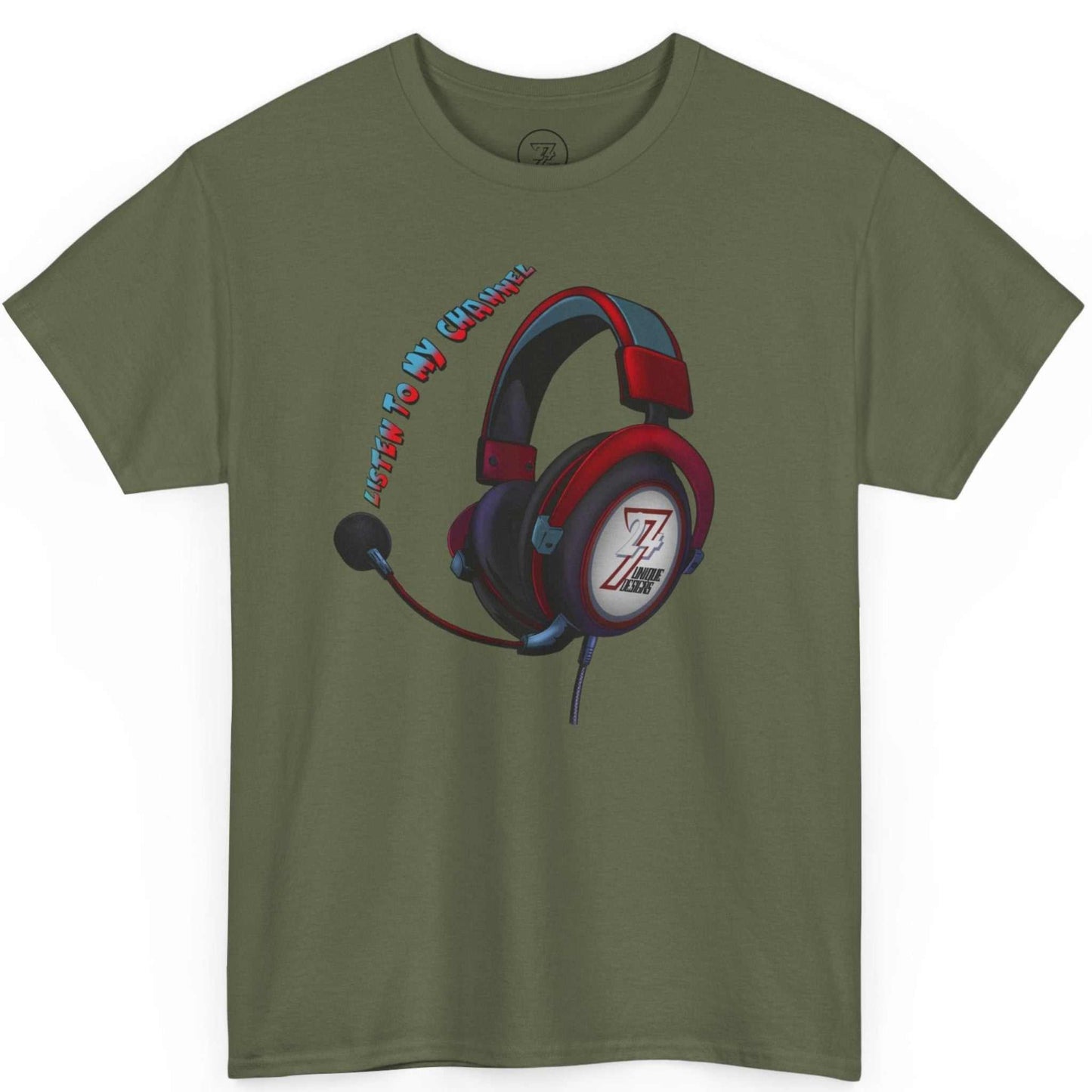 Olive green gaming setup apparel highlighting the vibrant headset design, displayed on a clean background.