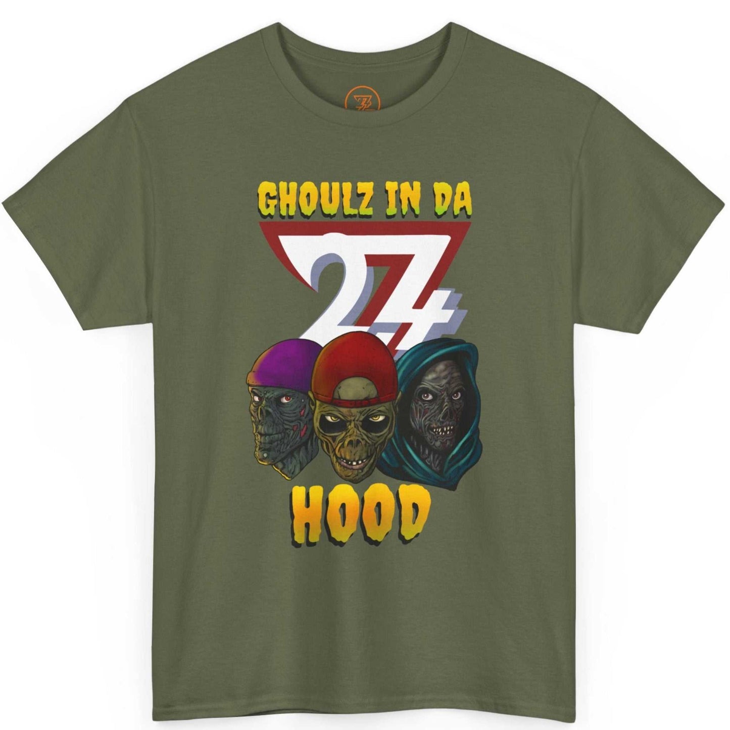 Front view of a olive green heavy cotton graphic shirt highlighting the human-drawn horror comic style ghouls.