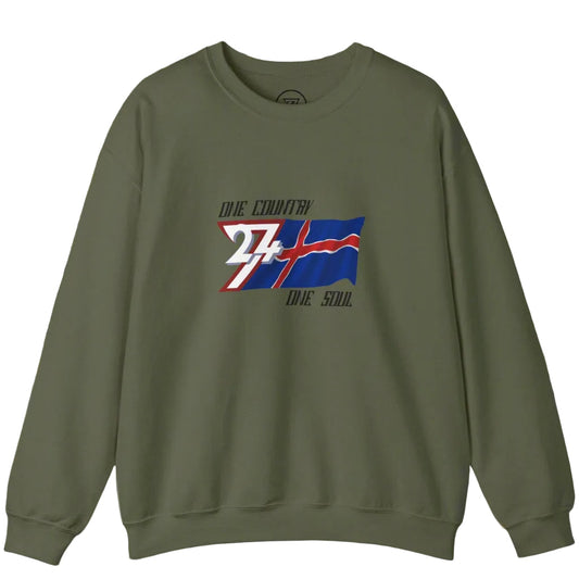 Unisex olive crewneck sweatshirt featuring a hand-drawn Iceland flag and "One nation one soul" slogan design.