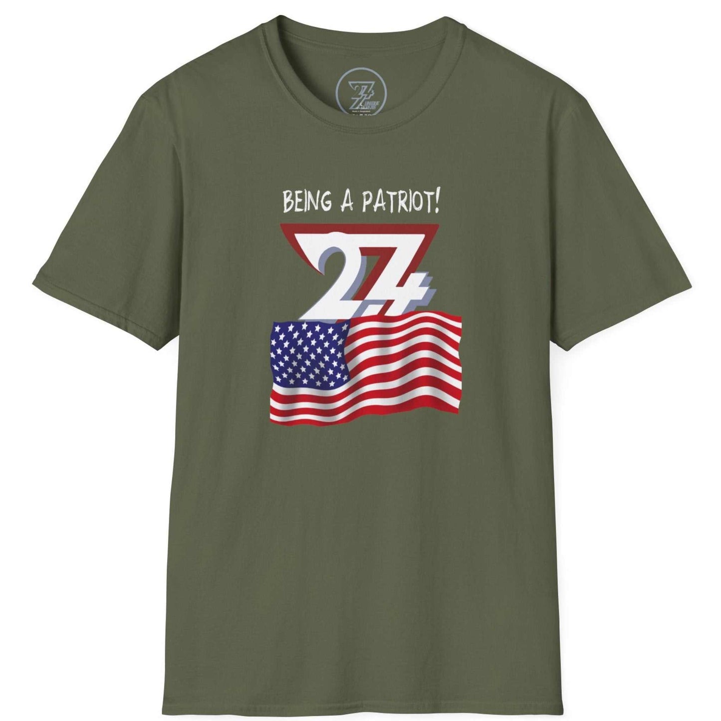 Olive green Independence Day clothing displaying the original patriotic artwork, shown on a clean background.