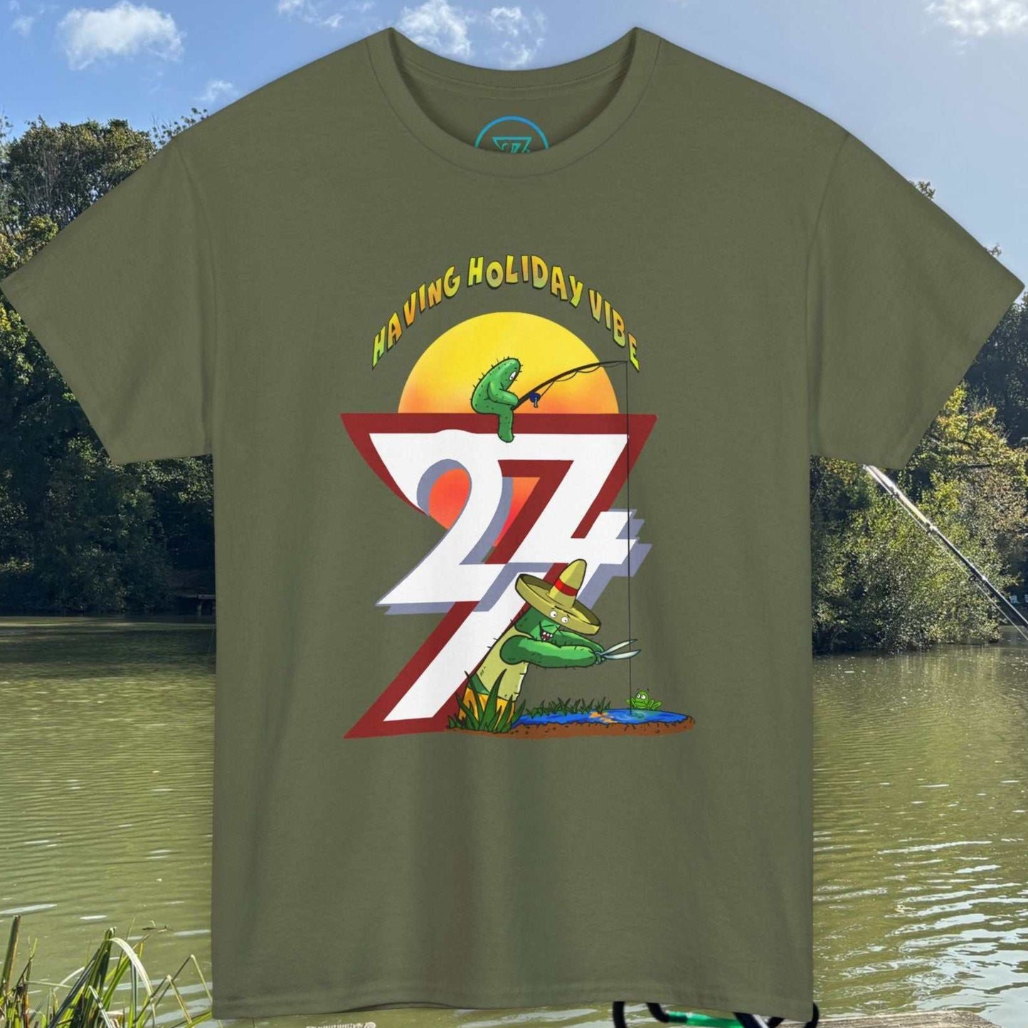 Olive green outdoor humor shirt displaying an original indie cactus character illustration.