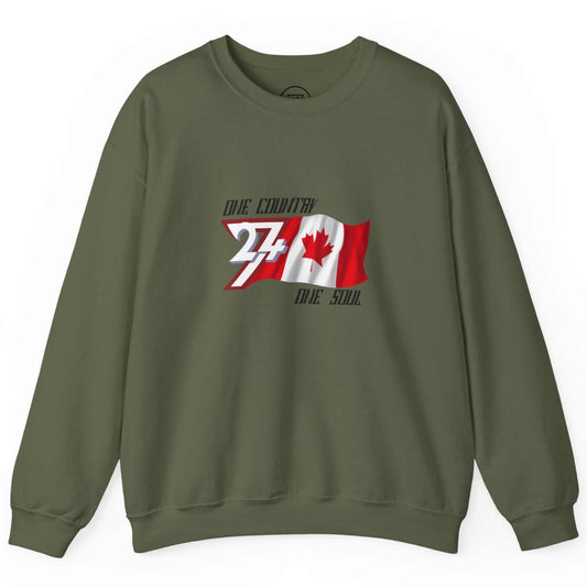 Flat lay of the olive green patriotic streetwear item displaying the Canadian team support text.