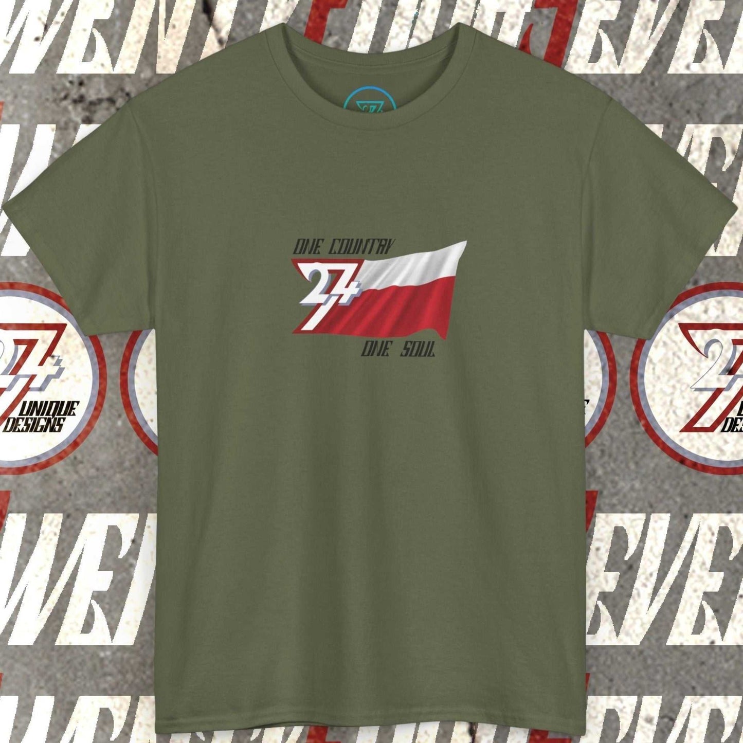 Front view of a olive green graphic t-shirt featuring a digitally hand-drawn Poland flag design.
