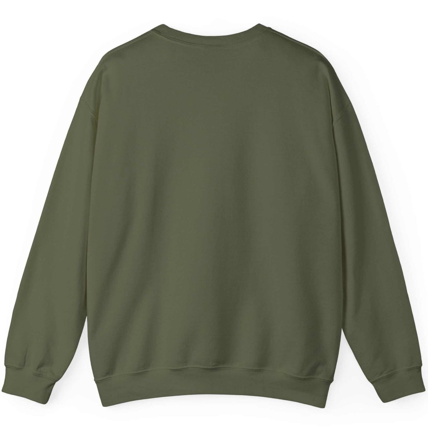 Back view of the olive green seamless tubular heavy cotton sweater.