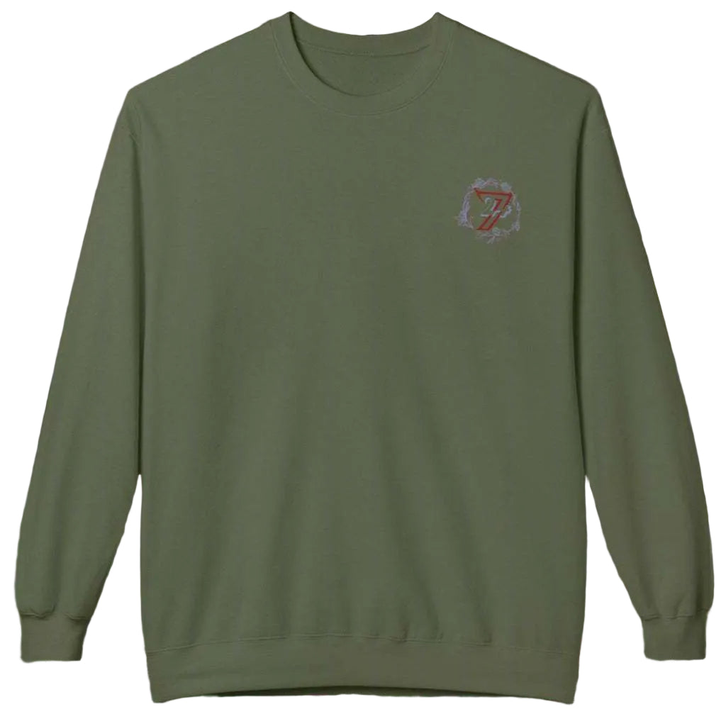 Olive green slouchy flower sweater made from a soft cotton blend.