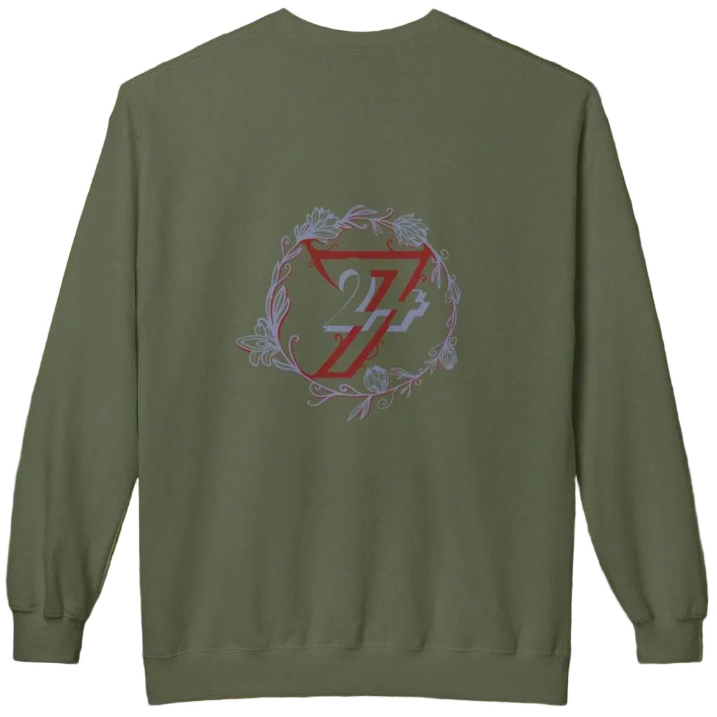 Back view of an olive green women's cozy jumper with a giant floral graphic.