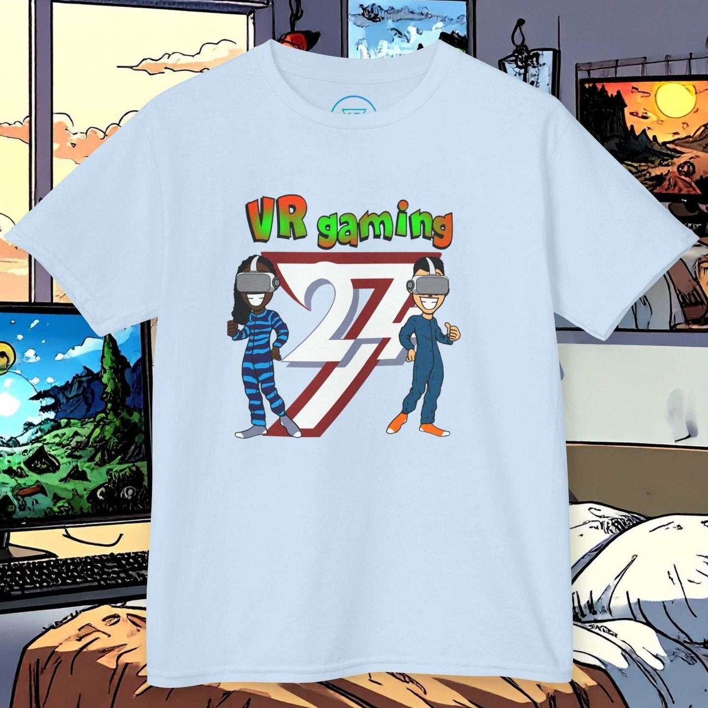 Sky Blue Kids Tee featuring the trademark 24/7 sun and gamer characters.