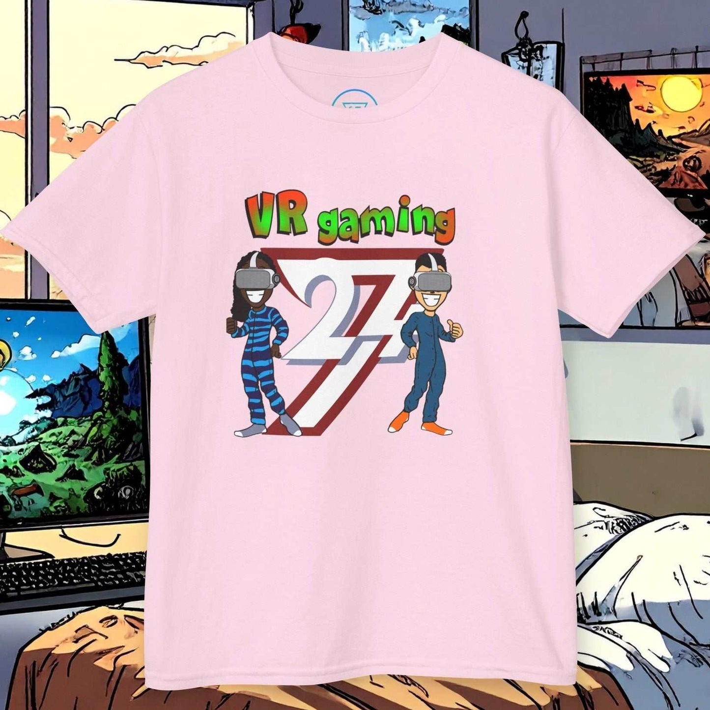 Pastel Pink Kids Gaming T-Shirt with unique indie character designs.
