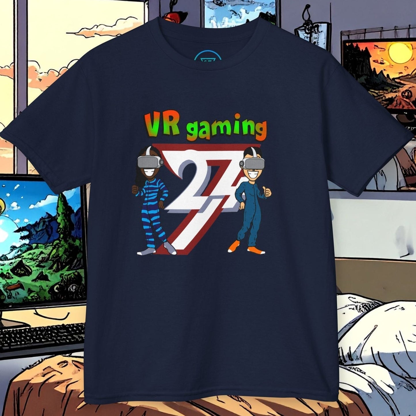Deep Navy Kids Tee with the VR (We Are) Gaming character illustratio