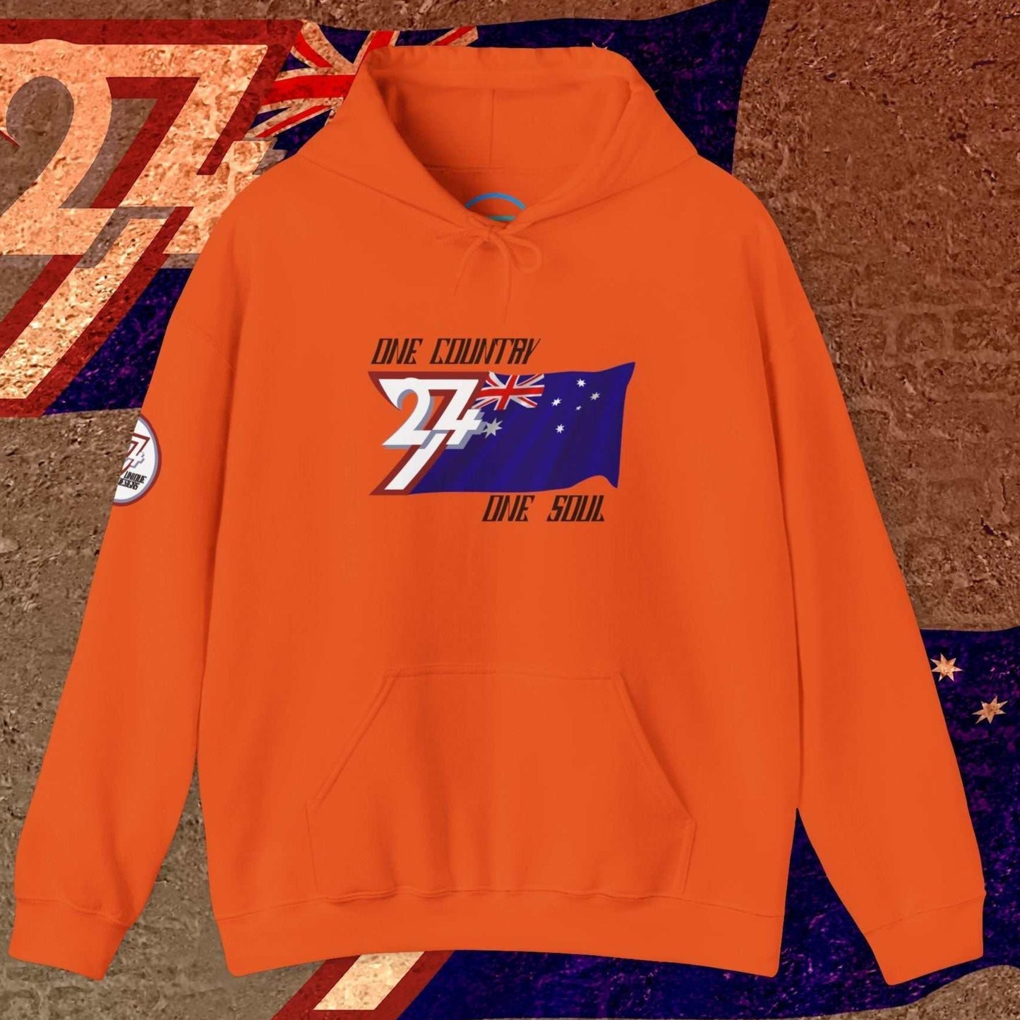 Orange lifestyle hoodie showcasing 24/7 passion for Australia with refined "Atelier" art.