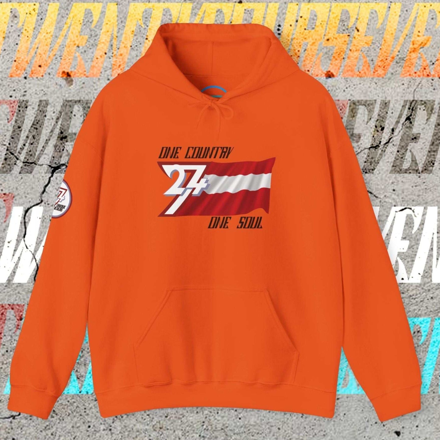 Orange lifestyle hoodie showcasing 24/7 passion for Austria with refined "Atelier" art.