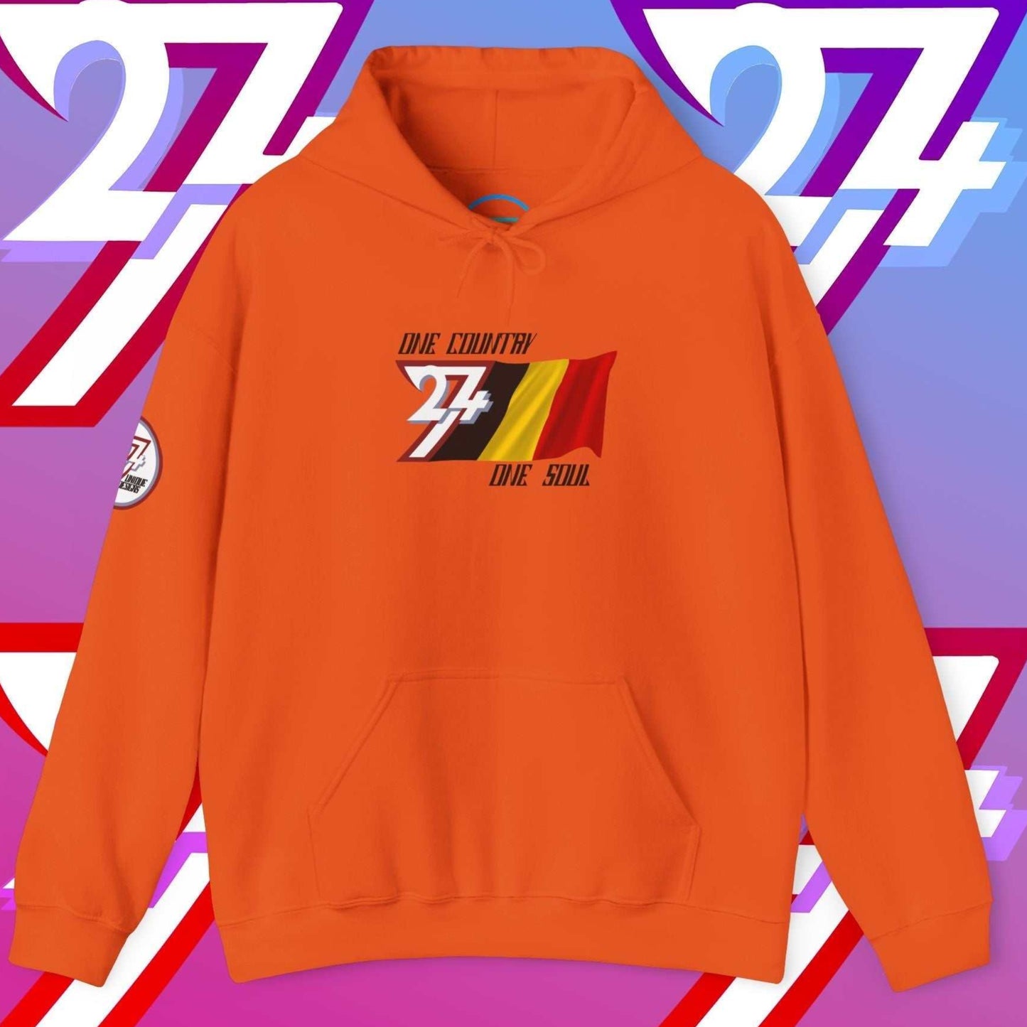 Orange lifestyle hoodie showcasing 24/7 passion for Belgium with refined "Atelier" art.