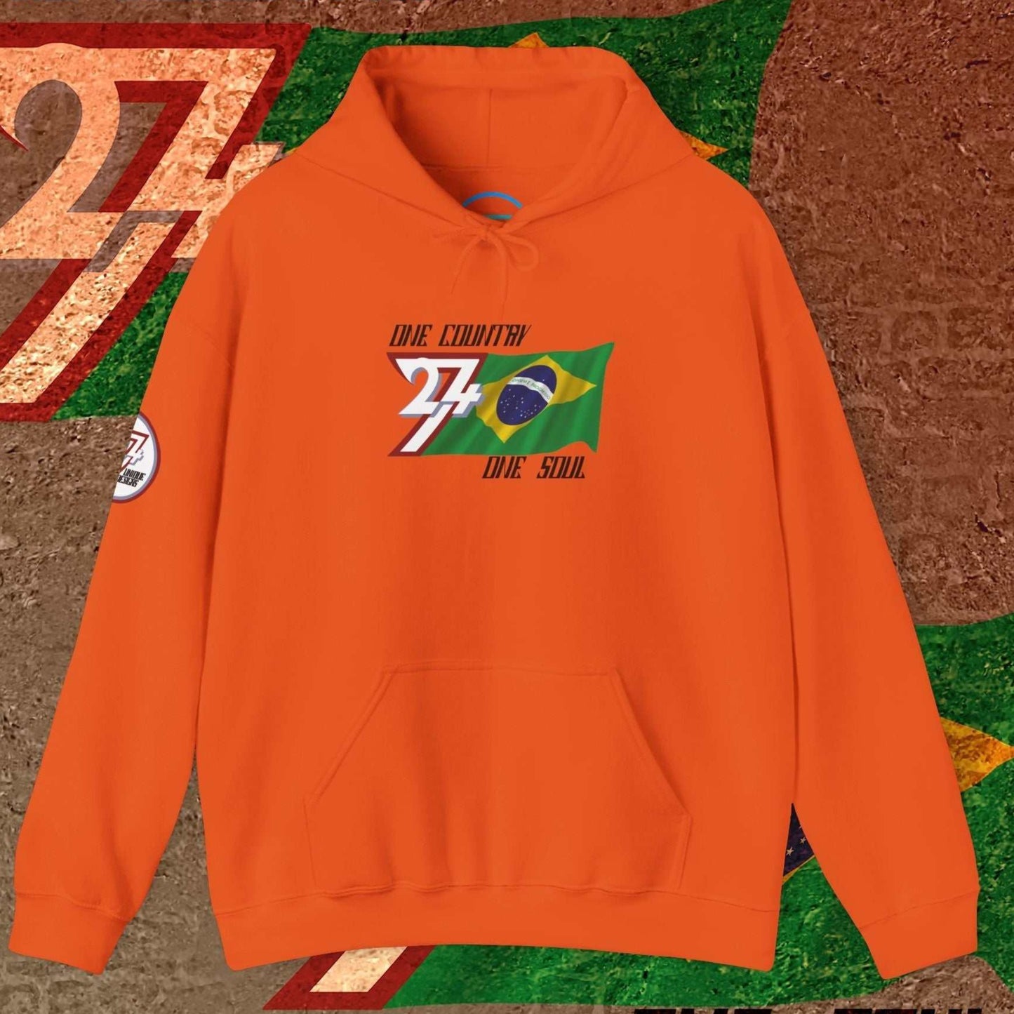 Vibrant Orange Brazil flag graphic hoodie showing the refined hand-drawn design and slogan.
